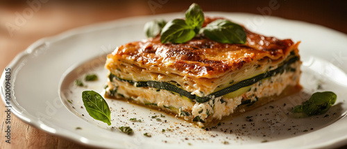 commercial photography: a zucchini lasagne, eclectic style, lots of copy space, white gold