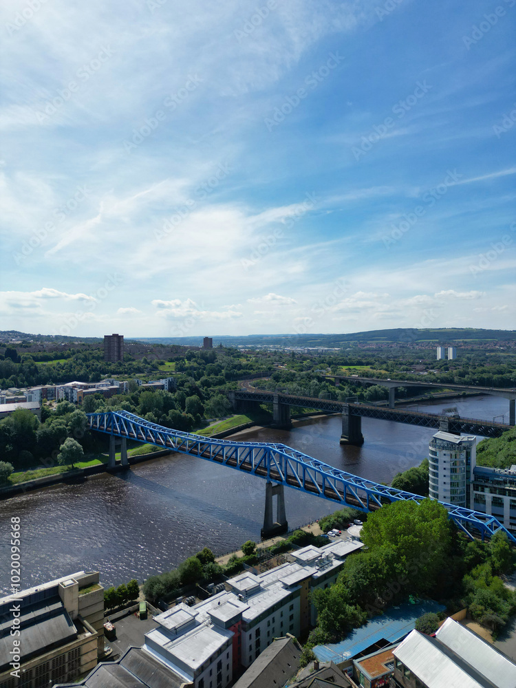 Fototapeta premium Aerial View of Central Newcastle City from River Tyne at Northern England United Kingdom. July 19th, 2024, Drone's Camera Footage.