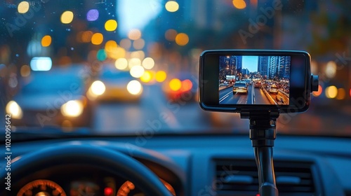 A dash cam is mounted on the windshield, recording events while driving, increasing safety and confidence for drivers.
