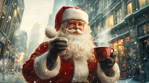 Santa claus holding a hot tea cup in front of building.