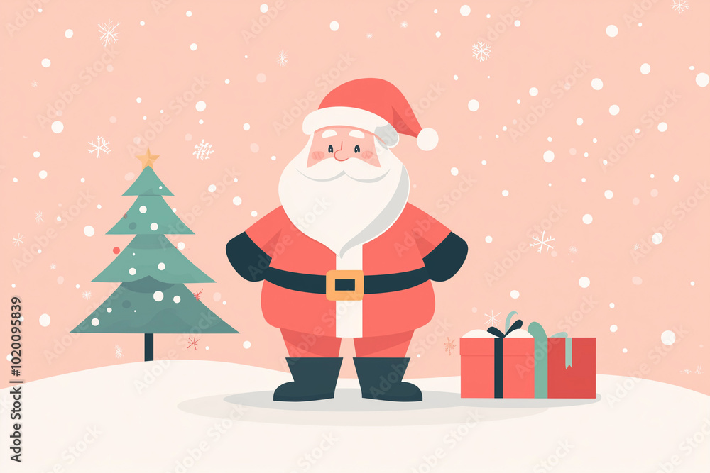 Santa claus with reindeer. Winter landscape with fir trees and snowing. New year xmas holiday. Cartoon illustration flat style. Santa claus with reindeer. Winter landscape with fir trees and snowing. New year xmas holiday. Cartoon illustration flat style.