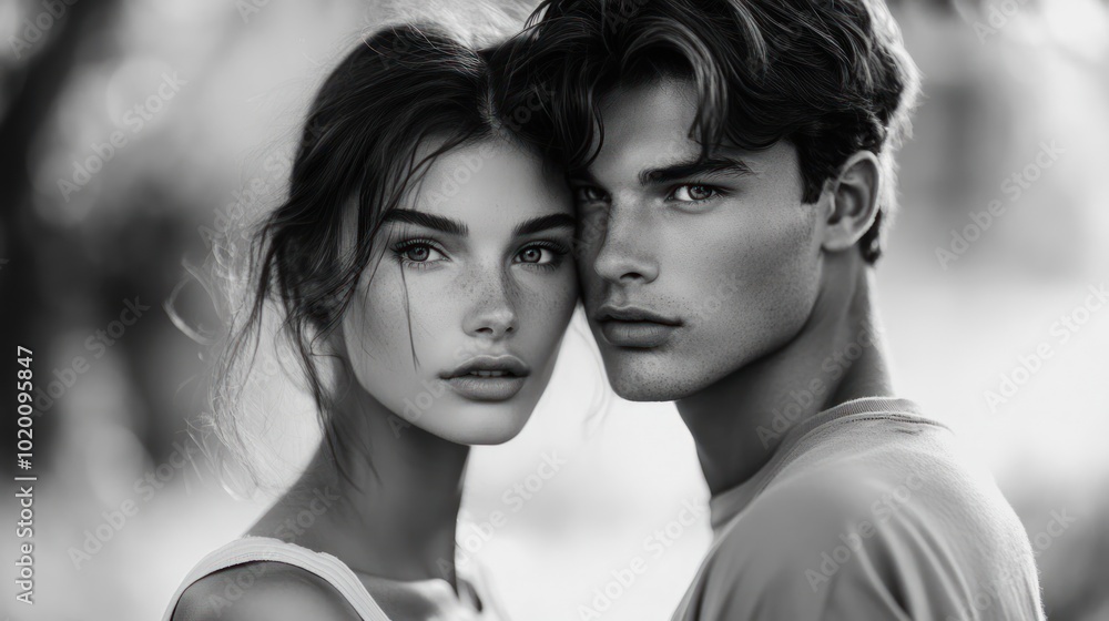 A monochrome portrait of a young couple, capturing intimacy and connection. A monochrome portrait of a young couple, capturing intimacy and connection.