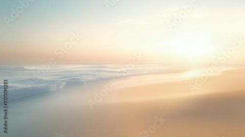 A serene, abstract depiction of a beach at sunrise, with soft light and flowing, curving lines in warm tones