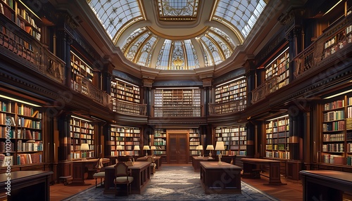 Library interior with bookshelves and tables