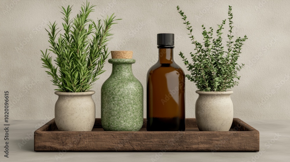 Rustic Wooden Tray with Herbs Glass Bottles and Ceramic Pots Rustic Wooden Tray with Herbs Glass Bottles and Ceramic Pots