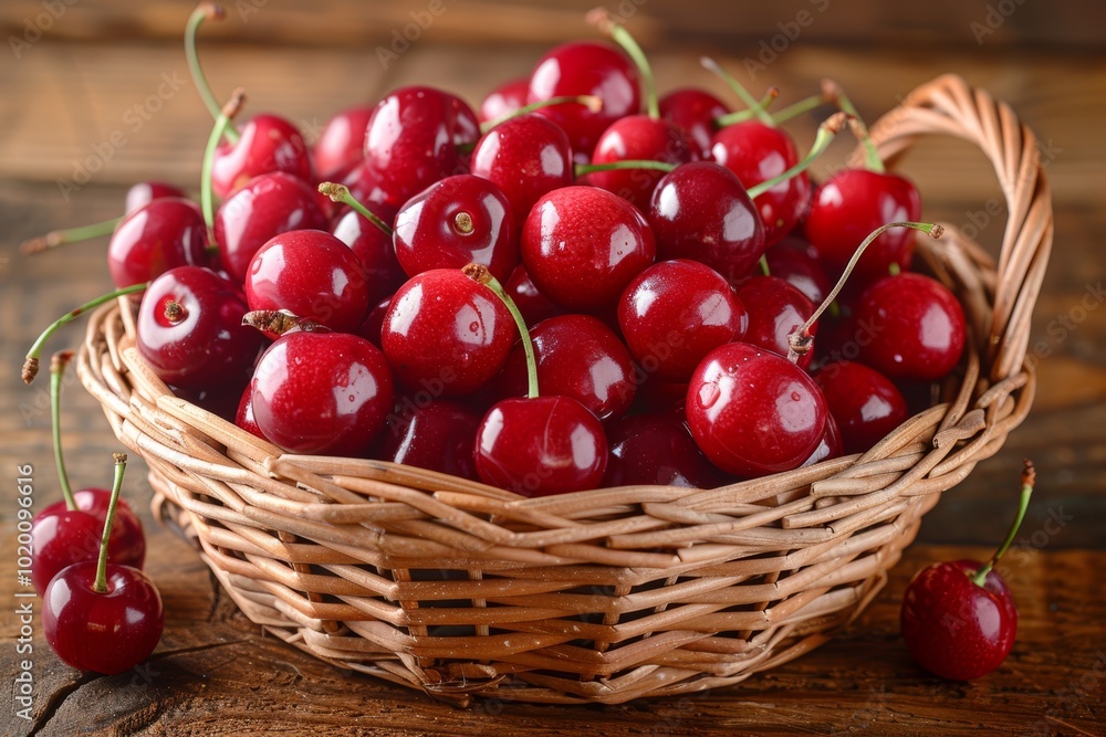 Close up of a small woven basket with spilled cherries on a rustic wooden table background Close up of a small woven basket with spilled cherries on a rustic wooden table background