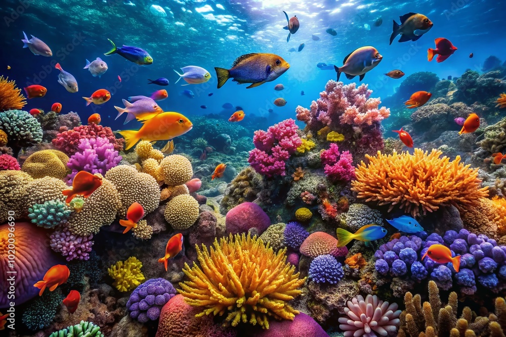 Obraz premium Vibrant Underwater Scene Featuring Colorful Marine Life and Coral Reefs in the Ocean Depths