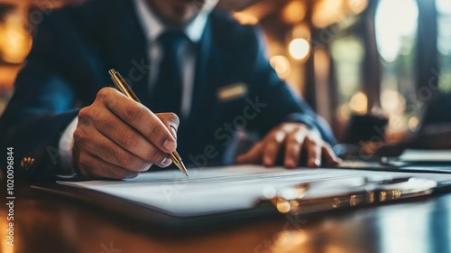 A picture of a home loan contract signing. The borrower and the bank officer exchange information in a conference room. Reliable and secure service.
