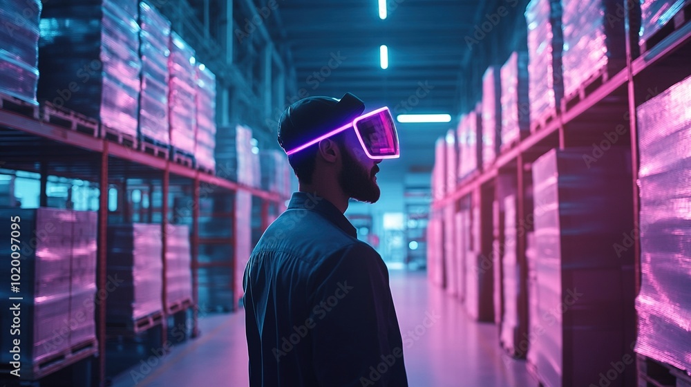 Futuristic Man in VR Headset in Warehouse Environment Futuristic Man in VR Headset in Warehouse Environment