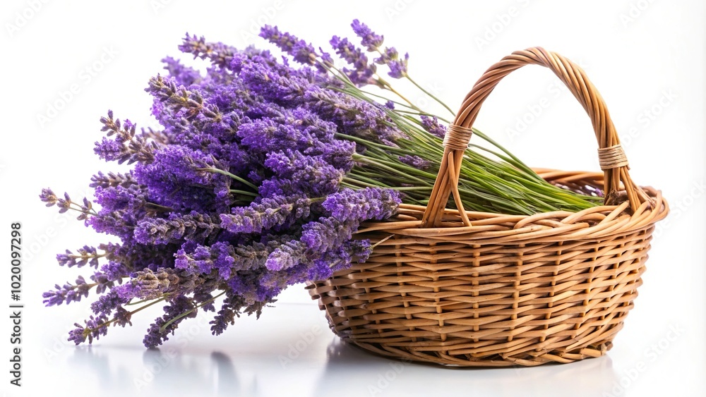 Obraz premium Basket with lavender flowers on white background