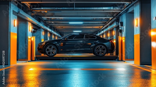 A car parked in an automated smart parking system that uses a lift to lift and move the car to the parking position automatically.