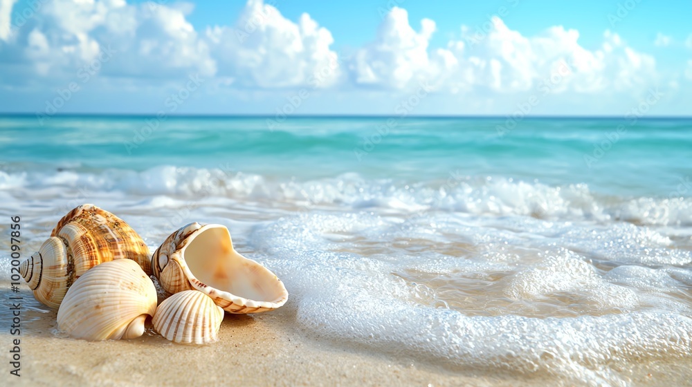 A serene oceanic wallpaper with gentle waves, seashells, and a sandy beach A serene oceanic wallpaper with gentle waves, seashells, and a sandy beach