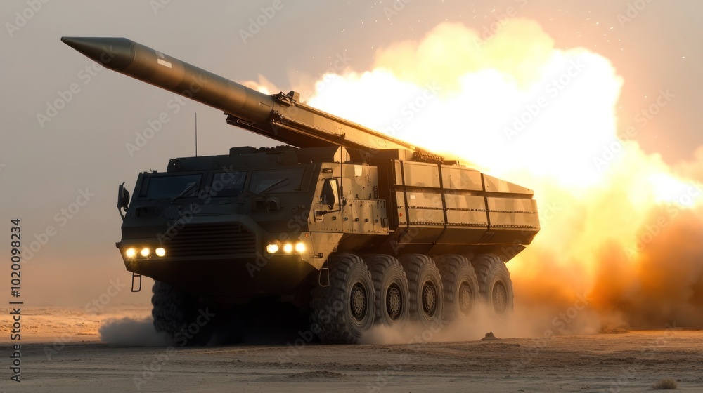 Military vehicle launching a missile in a desert setting. Military vehicle launching a missile in a desert setting.
