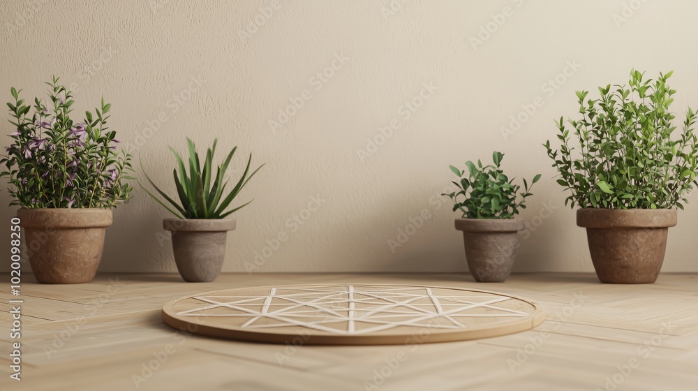 Fototapeta premium Wooden Round Tray with Geometric Design on Natural Wood Floor and Potted Plants