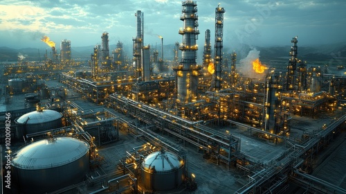Industrial complex with illuminated structures and flaring towers.