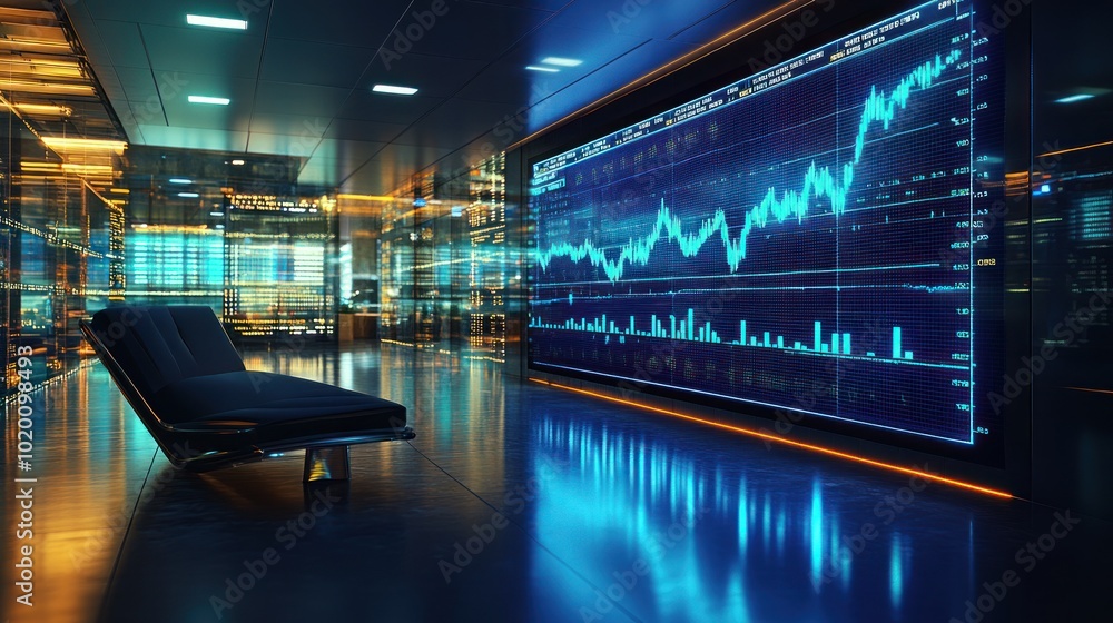 A stock price chart displayed on a large screen in a financial center. Stock price data that changes every second creates an exciting atmosphere. A stock price chart displayed on a large screen in a financial center. Stock price data that changes every second creates an exciting atmosphere.