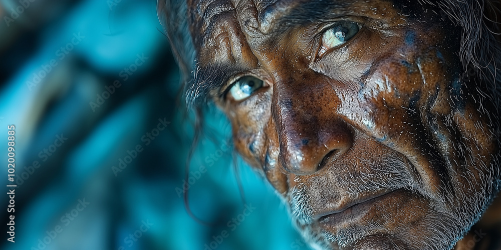 An old man with a beard looks at the camera. There is a blue space behind him. The old man's eyes are blue and his face is covered in sweat. An old man with a beard looks at the camera. There is a blue space behind him. The old man's eyes are blue and his face is covered in sweat.