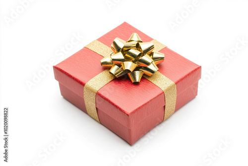 Red gift box wrapped with gold bow and ribbon