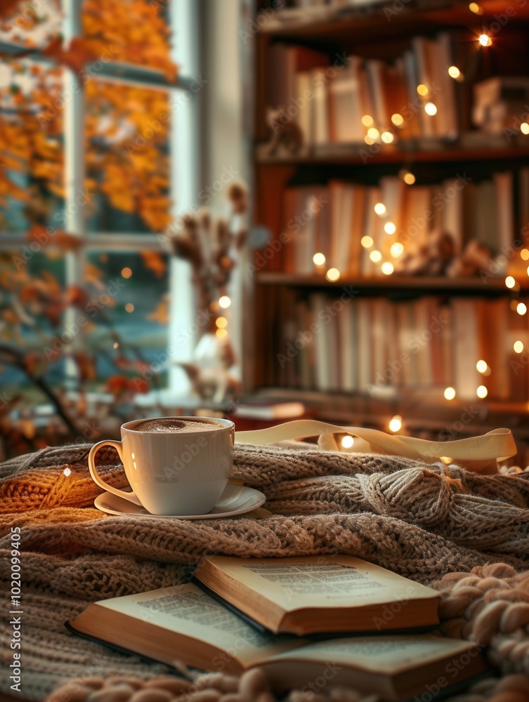 A cup of coffee rests on a knitted blanket alongside open books, creating a warm and inviting atmosphere perfect for reading. Generative AI A cup of coffee rests on a knitted blanket alongside open books, creating a warm and inviting atmosphere perfect for reading. Generative AI