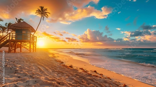 Fototapeta Naklejka Na Ścianę i Meble -  Tropical beach with palm trees and hut at sunset.