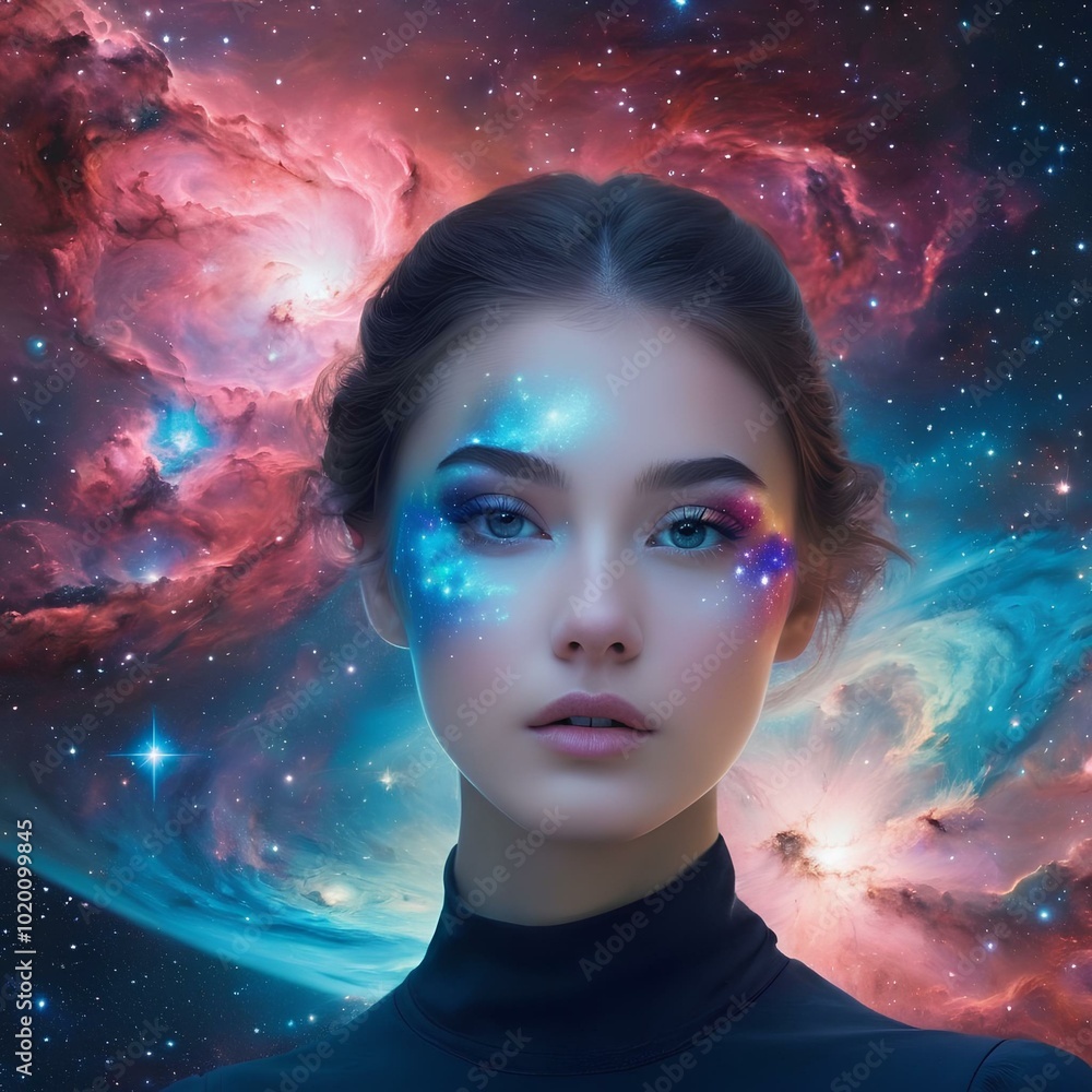 Young girl with galaxy stars background. Cyber girl in colorful fog and light of stars. Artistic multicolored dimensional galactic nebula with girl. T-shit design. Young girl with galaxy stars background. Cyber girl in colorful fog and light of stars. Artistic multicolored dimensional galactic nebula with girl. T-shit design.