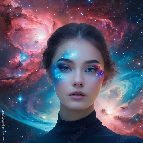 Young girl with galaxy stars background. Cyber girl in colorful fog and light of stars. Artistic multicolored dimensional galactic nebula with girl. T-shit design.