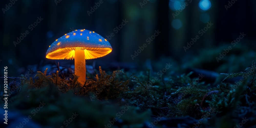 Fototapeta premium Glowing bioluminescent mushroom in a dark forest