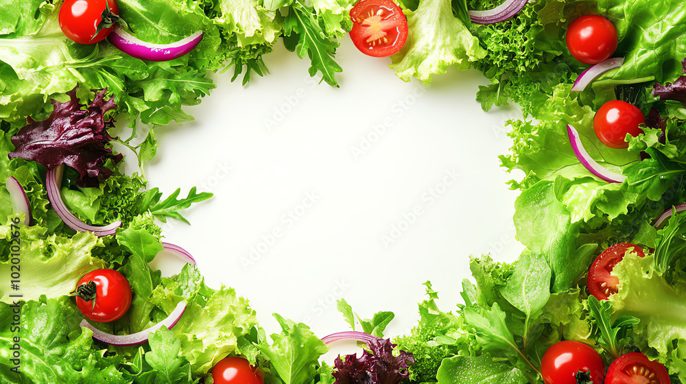Vibrant mix of fresh lettuce, cherry tomatoes, and onions framing a clean, white space. Perfect for salad recipes or healthy eating presentations.
