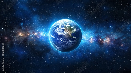 Earth in space with a starry background.