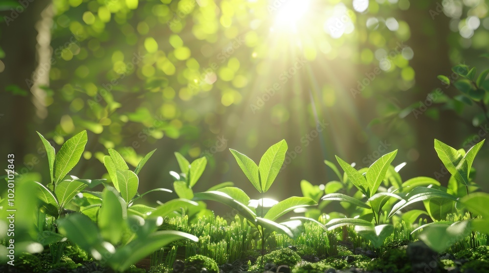 Sunlit Greenery in a Serene Forest. Lush Green Leaves in Morning Sunlight Sunlit Greenery in a Serene Forest. Lush Green Leaves in Morning Sunlight