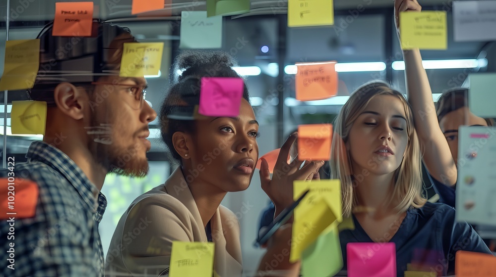 Diverse business team collaborating with sticky notes on glass office wall during strategy planning meeting Diverse business team collaborating with sticky notes on glass office wall during strategy planning meeting
