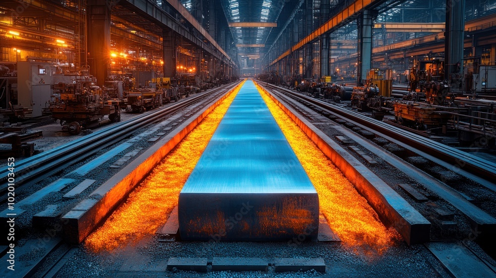 Molten metal flows in an industrial setting, showcasing steel production. Molten metal flows in an industrial setting, showcasing steel production.