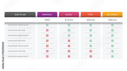 Subscription Pricing Table Packages Comparison Template with 4 Plans