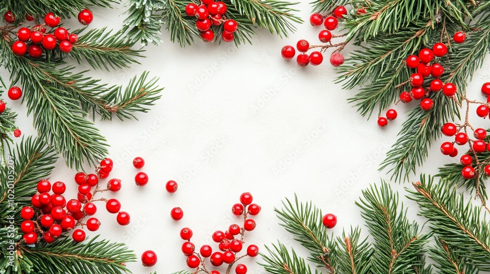 Christmas holiday composition flatlay featuring spruce branches and red berries arranged on a clean white background with ample space for text, perfect for festive designs, holiday cards, seasonal inv Christmas holiday composition flatlay featuring spruce branches and red berries arranged on a clean white background with ample space for text, perfect for festive designs, holiday cards, seasonal inv