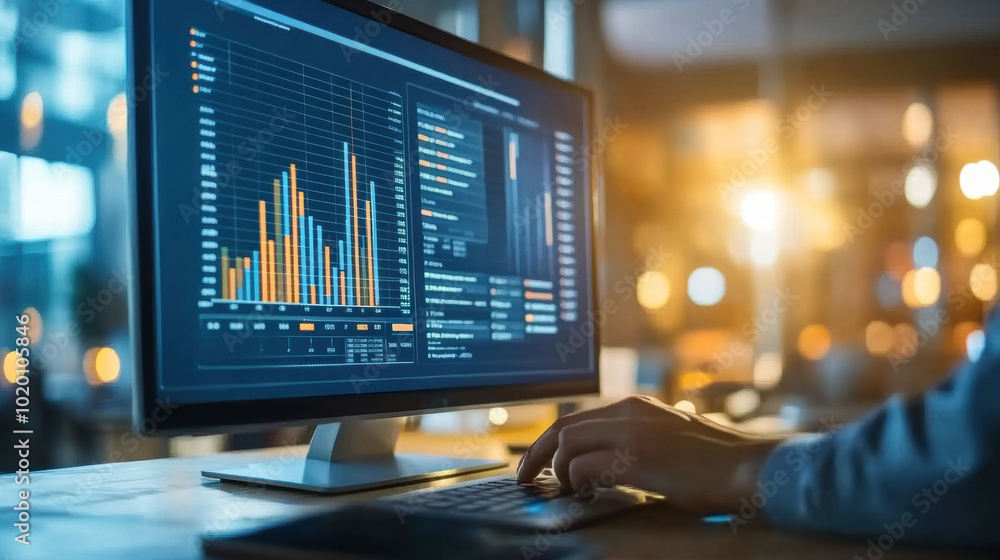 Analyzing sales charts and graphs on computer screen, business analyst focuses on data insights. vibrant colors of graphs reflect dynamic nature of analysis Analyzing sales charts and graphs on computer screen, business analyst focuses on data insights. vibrant colors of graphs reflect dynamic nature of analysis