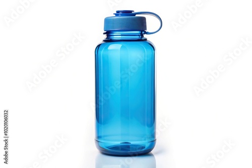 Blue water bottle isolated on white background point of view