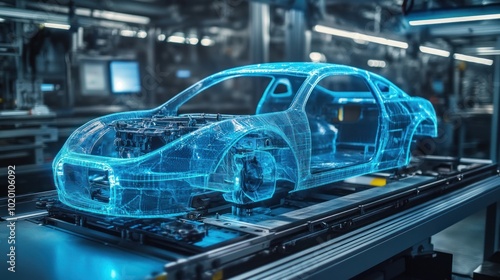 A 3D printer is working on a car part layer by layer in a state-of-the-art workshop, demonstrating the future of automotive manufacturing."