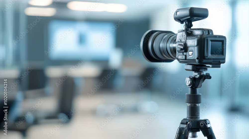 professional camera on tripod in modern office setting, ready for media interview or photography session. sleek design and advanced features highlight its purpose for high quality image capture professional camera on tripod in modern office setting, ready for media interview or photography session. sleek design and advanced features highlight its purpose for high quality image capture