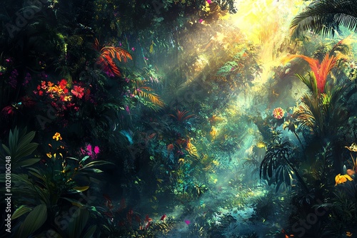 A surreal jungle landscape where realistic plants blend into abstract, swirling shapes of color and light