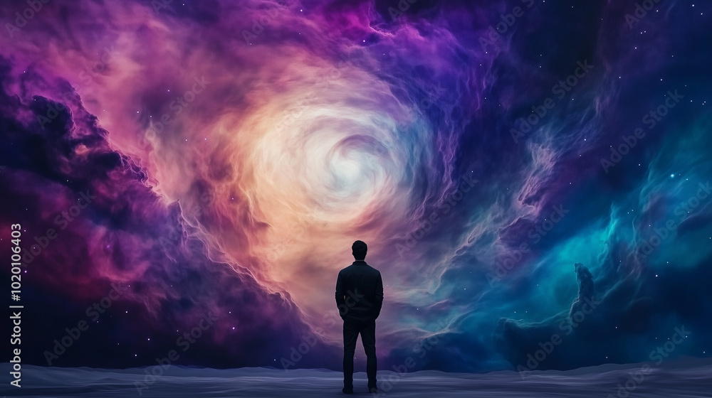 person stands in awe, gazing at vibrant cosmic swirl of colors in night sky, evoking sense of wonder and exploration person stands in awe, gazing at vibrant cosmic swirl of colors in night sky, evoking sense of wonder and exploration