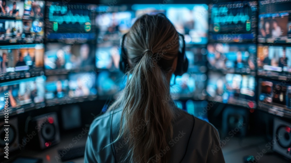 Woman in a control room surrounded by screens, managing live broadcasts and online streaming events Woman in a control room surrounded by screens, managing live broadcasts and online streaming events