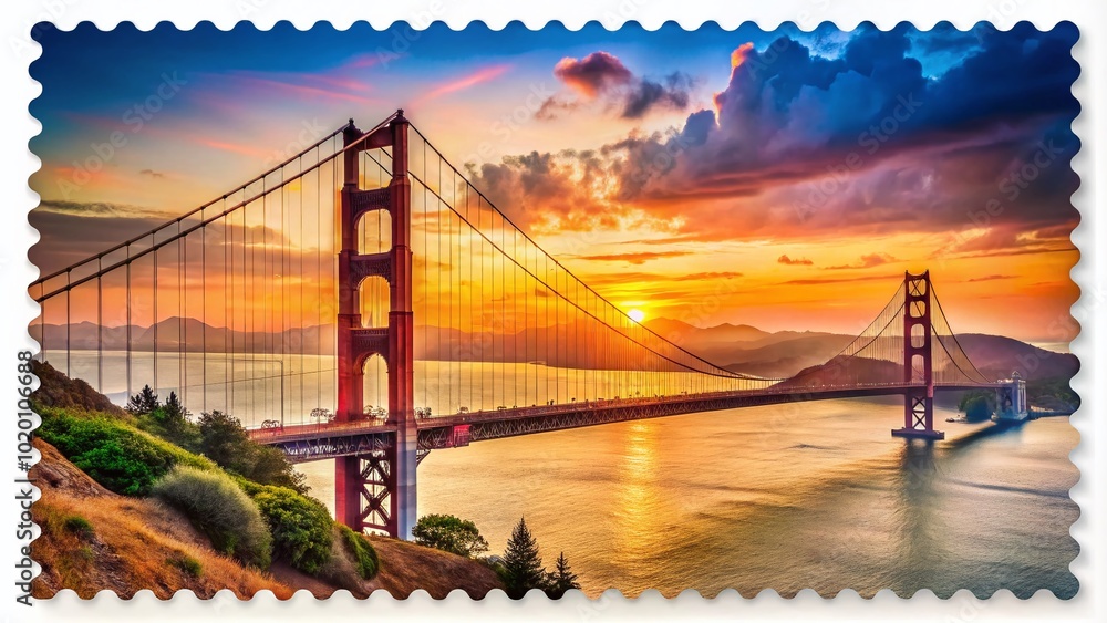 Fototapeta premium Vintage style stamp featuring the iconic Golden Gate Bridge in a vibrant sunset sky backdrop