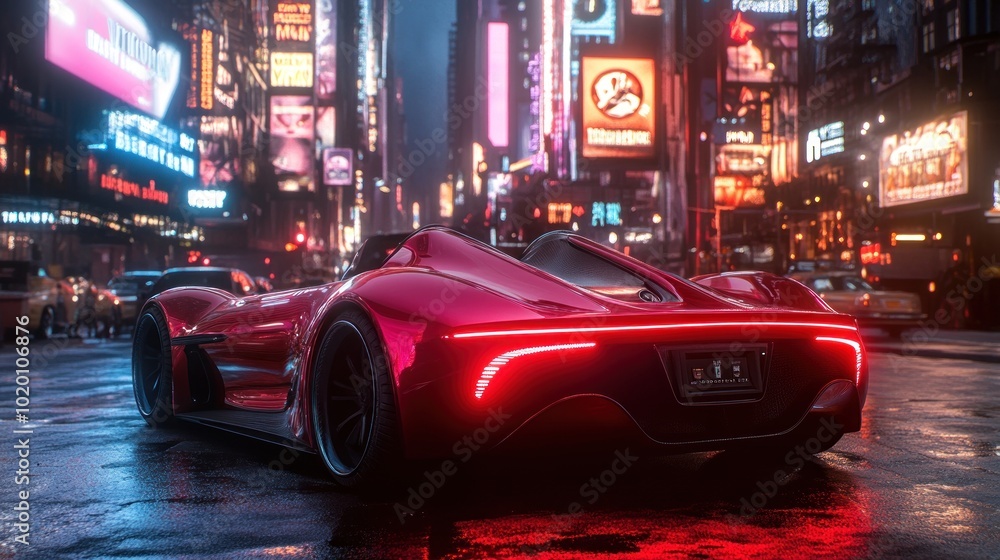 A luxury convertible sports car parked in the city, with a view of tall buildings and bright neon lights adding to its futuristic and sporty feel. A luxury convertible sports car parked in the city, with a view of tall buildings and bright neon lights adding to its futuristic and sporty feel.