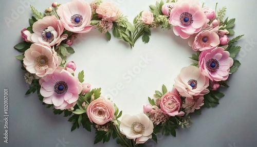 Pastel pink anemones with pale green leaves creating a light heart-shaped frame. blank space for creative greeting card etc