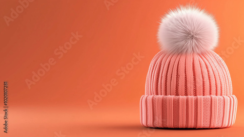 cozy pink knitted hat with fluffy pom pom sits against warm orange background, perfect for adding touch of style and warmth to any winter outfit