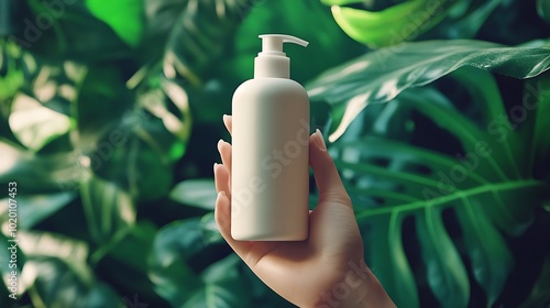 White Bottle of Hand Soap In Front of Green Leaves photo