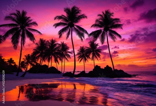 stunning vibrant silhouettes palm trees colorful sunset sky creating tropical paradise landscape dusk  aesthetic  beach  backdrop  beauty  bold  canvas  cloud