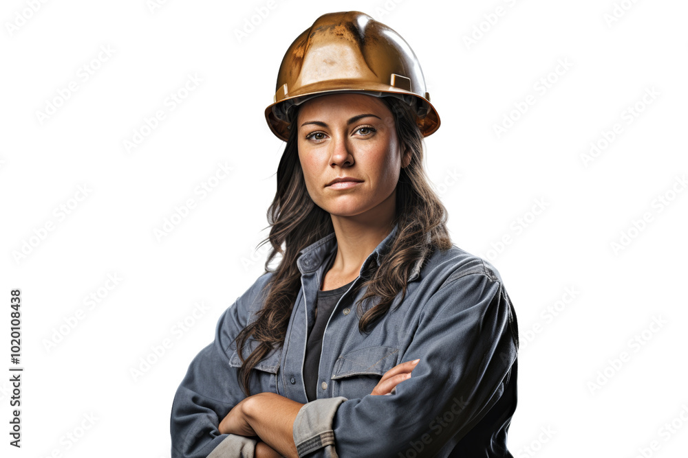 Confident woman construction worker standing with arms crossed, wearing a hard hat and work attire. Confident woman construction worker standing with arms crossed, wearing a hard hat and work attire.