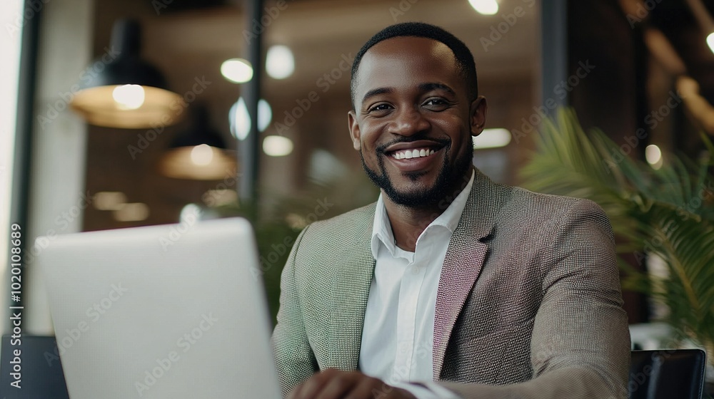 Confident Man Working on Laptop in Modern Office Confident Man Working on Laptop in Modern Office