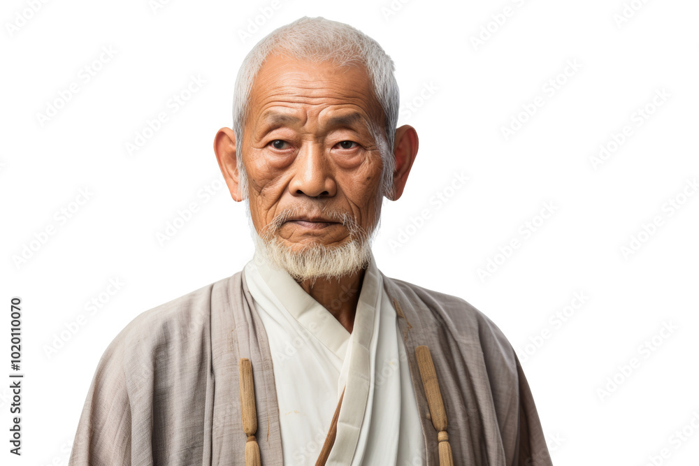 Elderly gentleman with a serene expression, dressed in traditional clothing against a white isolated background. Elderly gentleman with a serene expression, dressed in traditional clothing against a white isolated background.